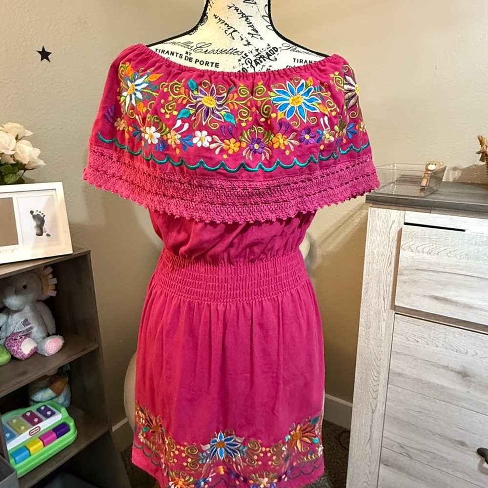Vibrant Pink Off-Shoulder Embroidered Dress
